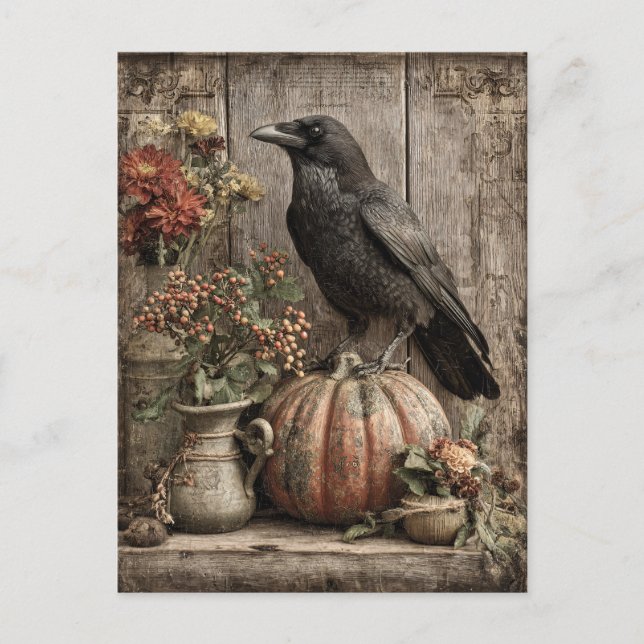 Cartão Postal Vintage Crow e Pumpkin Stand Life (Frente)