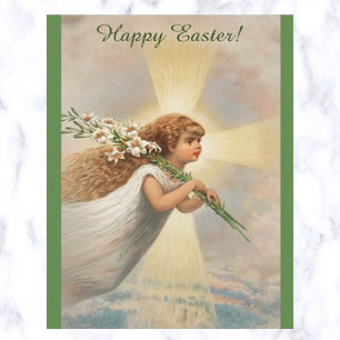 Cartão Postal Vintage Cruz e Anjo Carregando Lírio