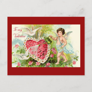 Cartão Postal Vintage Cupid regado flores coração