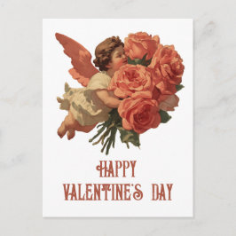 Cartão Postal Vintage Cupid with Rose Bouquet
