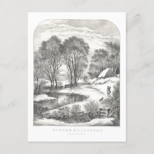 Cartão Postal Vintage Currier & Ives Winter Moonlight Lithógrafo