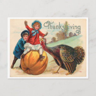 Cartão Postal Vintage Custom Turkey Pumpkin Outono Ação de Graça
