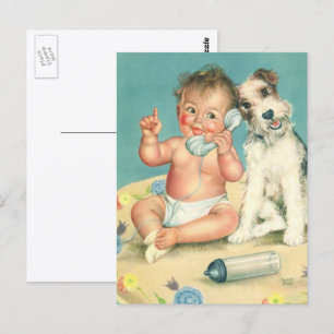 Cartão Postal Vintage Cute Baby Conversando no Phone Puppy Dog