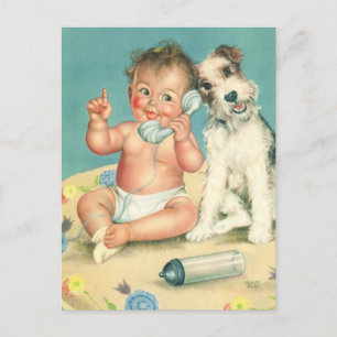 Cartão Postal Vintage Cute Baby Conversando no Phone Puppy Dog