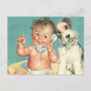 Cartão Postal Vintage Cute Baby Conversando no Phone Puppy Dog
