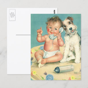 Cartão Postal Vintage Cute Baby Conversando no Phone Puppy Dog