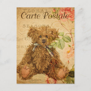 Cartão Postal Vintage Cute Bear Toy Floral Floral Floral French