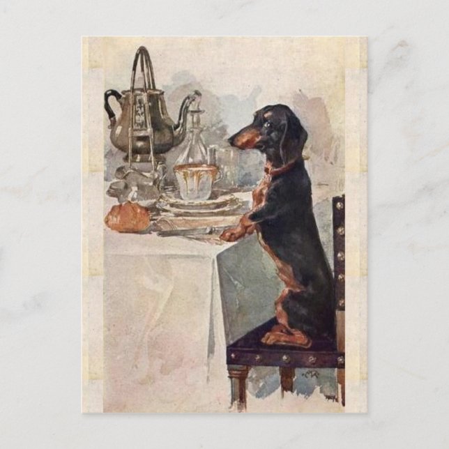Cartão Postal Vintage Cute Dachshund Bebendo Tea (Frente)
