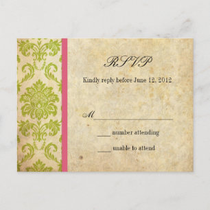 Cartão postal Vintage Damask RSVP em rosa e verde