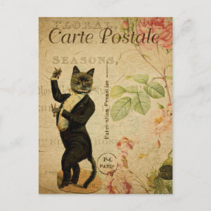 Cartão Postal Vintage Dancing Cat Vestido em francês Tuxedo