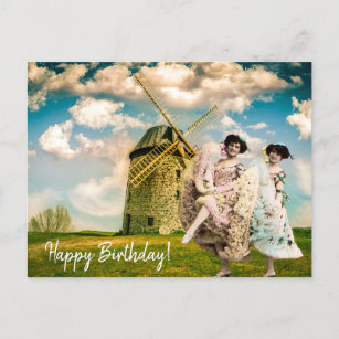 Cartão Postal Vintage Dancing Flower Girls and Windmill Aniversá