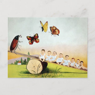 Cartão postal vintage de besouro e bebês no balanç