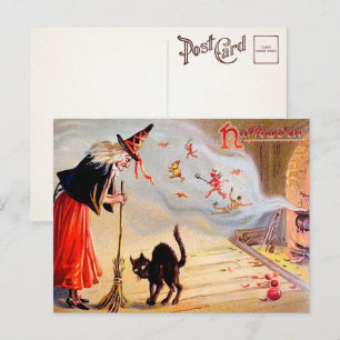 Cartão postal vintage de bruxa de Halloween