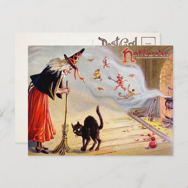 Cartão postal vintage de bruxa de Halloween (Frente/Verso)