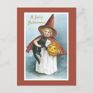 Cartão postal vintage de Halloween bruxa gato pret