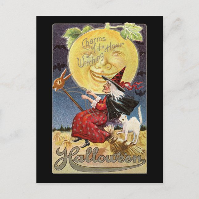 Cartão postal vintage de Halloween com bruxa e lua (Frente)