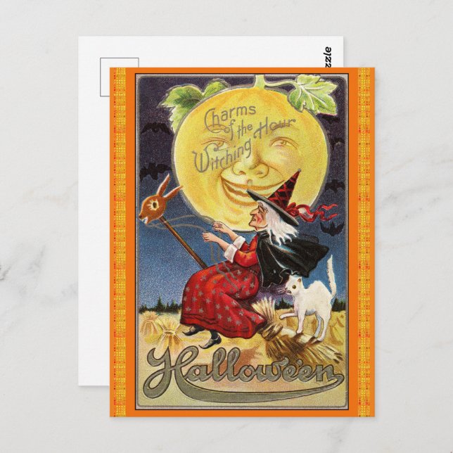 Cartão postal vintage de Halloween com bruxa voado (Frente/Verso)