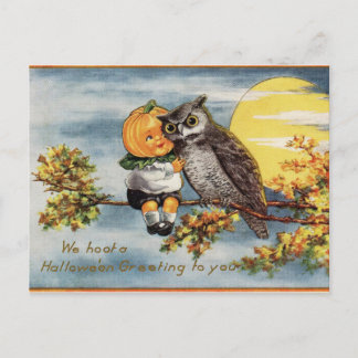 Cartão postal vintage de Halloween com coruja, lua
