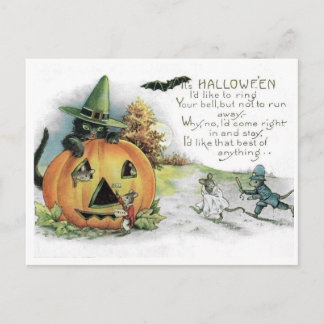 Cartão postal vintage de Halloween de gato preto e