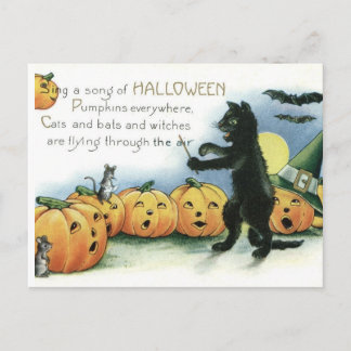 Cartão postal vintage de Halloween de gato preto e