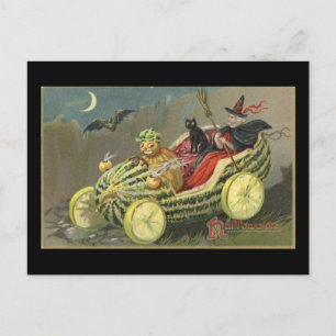 Cartão Postal Vintage de Halloween Witch Melon Race Car