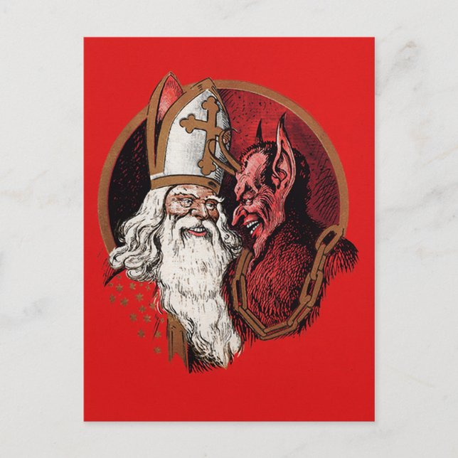 Cartão postal vintage de Krampus e Papai Noel (Frente)