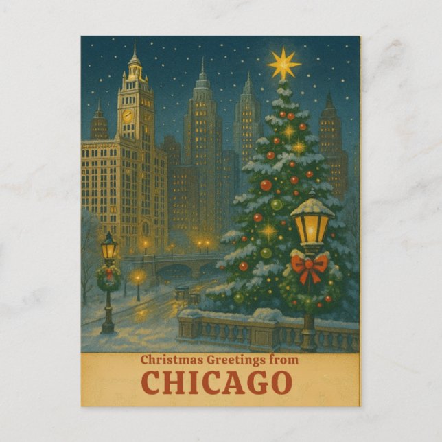 Cartão postal vintage de Natal de Chicago – Cidade (Frente)