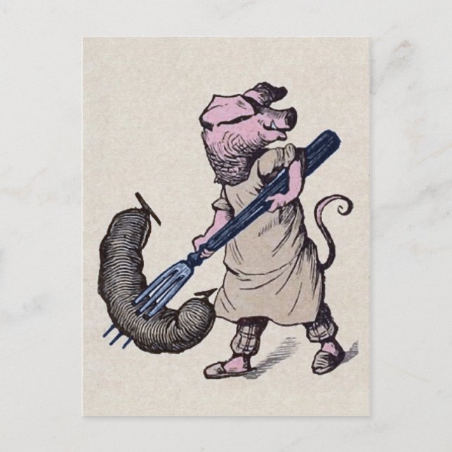 Cartão postal vintage de porco e linguiça (Frente)