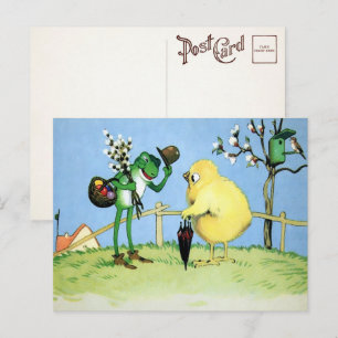 Cartão postal vintage de sapo e pintinho