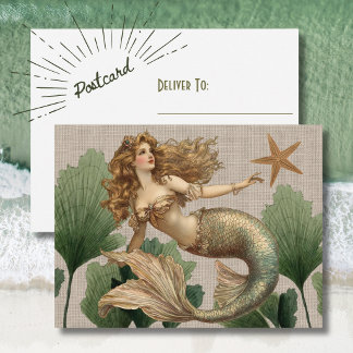 Cartão postal vintage de sereia e estrela do mar