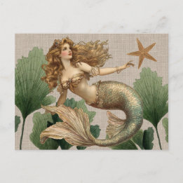 Cartão postal vintage de sereia e estrela do mar