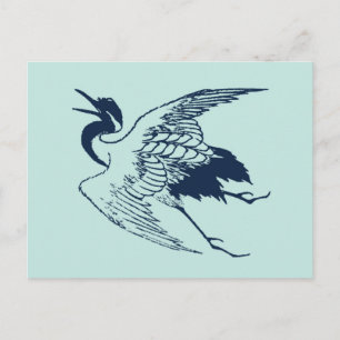 Cartão Postal Vintage - Desenho japonês de uma grua, azul