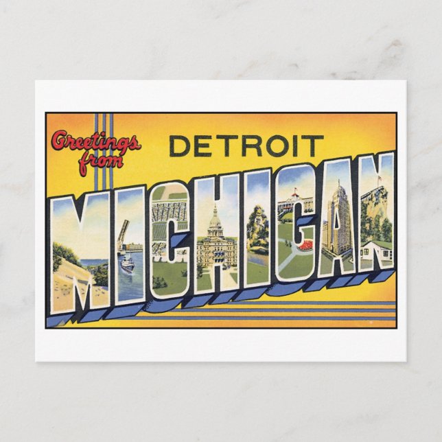 Cartão Postal Vintage Detroit, Cartão-postal MIchigan (Frente)