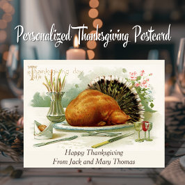 Cartão Postal Vintage Dia de Ação de Graças Janta Personalizada 