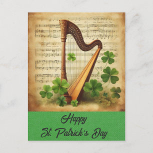 Cartão Postal Vintage Dia de São Patrício Harp Shamrock Irish Mu