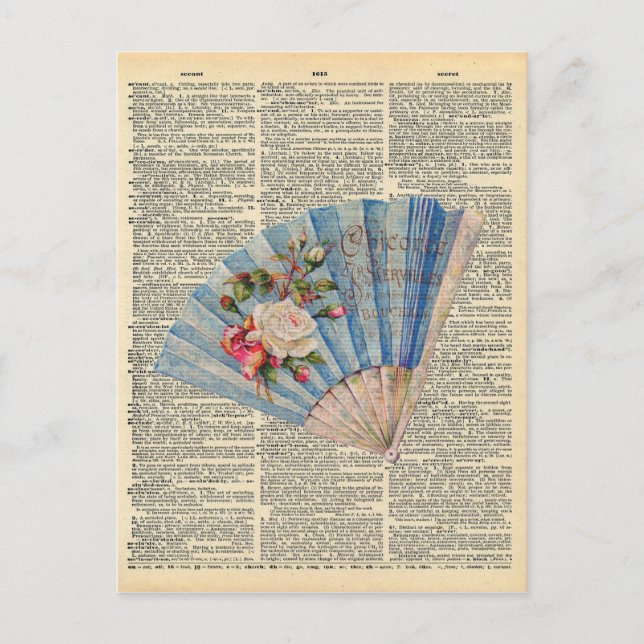 Cartão Postal Vintage Dictionary Art Feminine Foling Fan (Frente)