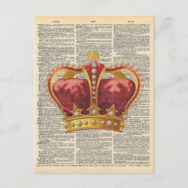 Cartão Postal Vintage Dictionary Art Royal Crown Red Dourado