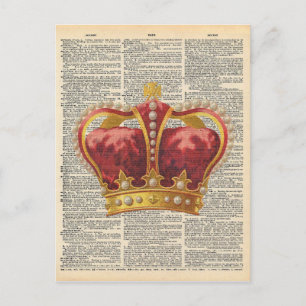 Cartão Postal Vintage Dictionary Art Royal Crown Red Dourado