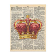 Vintage Dictionary Art Royal Crown Red Dourado