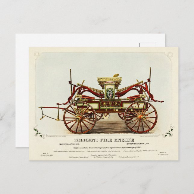 Cartão Postal Vintage Diligent Fire Engine, 1852, Restaurado (Frente/Verso)