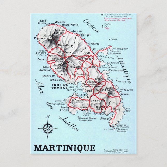 Cartão postal vintage do mapa da Martinica  (Frente)