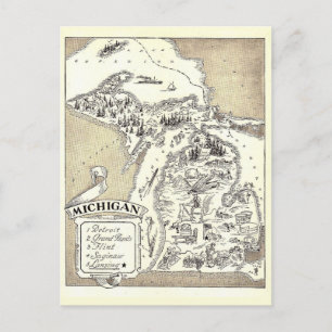 Cartão postal vintage do mapa de Michigan
