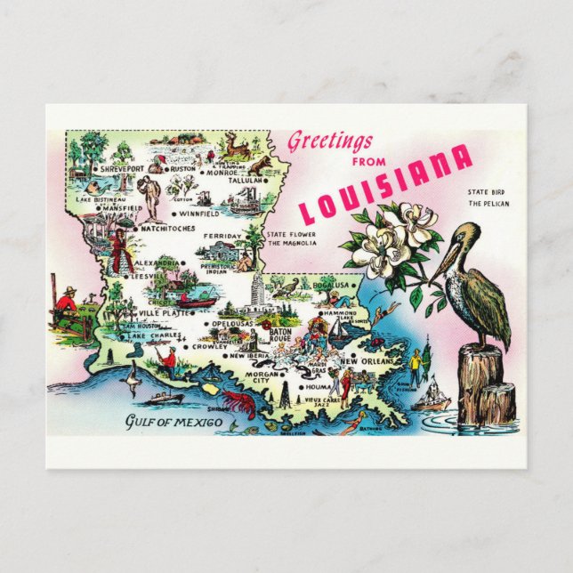 Cartão postal Vintage do Mapa Louisiana (Frente)