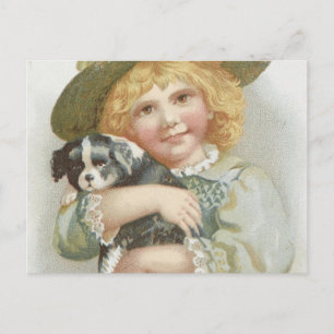 Cartão Postal Vintage Doce Menininha Segurando Um Cachorro Bonit