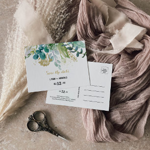 Cartão Postal Vintage Dourado e Green Eucalyptus Salve a Data