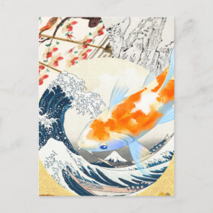Cartão Postal Vintage Dourado Koi Pond da Cultura Japonesa
