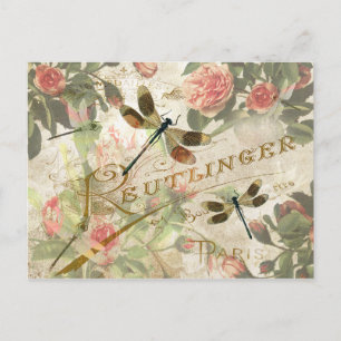 Cartão Postal Vintage Dragonfly e Rosas