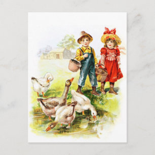 Cartão Postal Vintage Drawing: Alimentando os Gansos