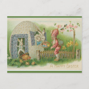 Cartão Postal Vintage Easter Bunnies Chicken and GnomPáscoa