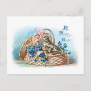 Cartão Postal Vintage Easter Bunnies e Forget-Me-Nots